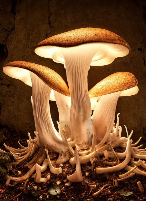 Prompt: a beautiful macro photography on a rotten stump is a small family of conical oyster mushrooms, conical oyster mushrooms suspiciously reaching for an dissected cross on the wall, beautiful magic shiny dissected cross on the wall, hyper detailed, warm volumetric lights, made by gerald brom and mike winkelmann, photorealism