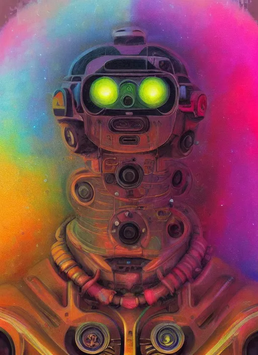 Image similar to close up sci - fi hippie lsd poster art simon stalenhag robot eyes, rainbow fur, elegant, highly detailed, centered, digital painting, concept art, smooth, sharp focus, illustration, artgerm, tomasz alen kopera, peter mohrbacher, donato giancola, joseph christian leyendecker, wlop, frank frazetta