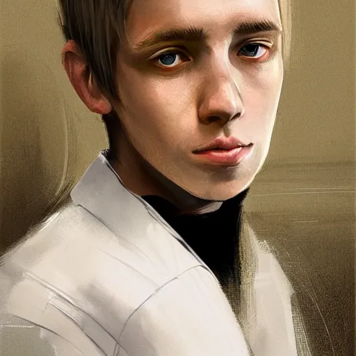 Image similar to Portrait of a man by Greg Rutkowski, he is about 20 years old, west slav features, short blonde hair with bangs, attractive, smart looking, slim, somewhat androgenic, he is wearing a white and black utilitarian jumpsuit, highly detailed portrait, scifi, digital painting, artstation, concept art, smooth, sharp foccus ilustration, Artstation HQ