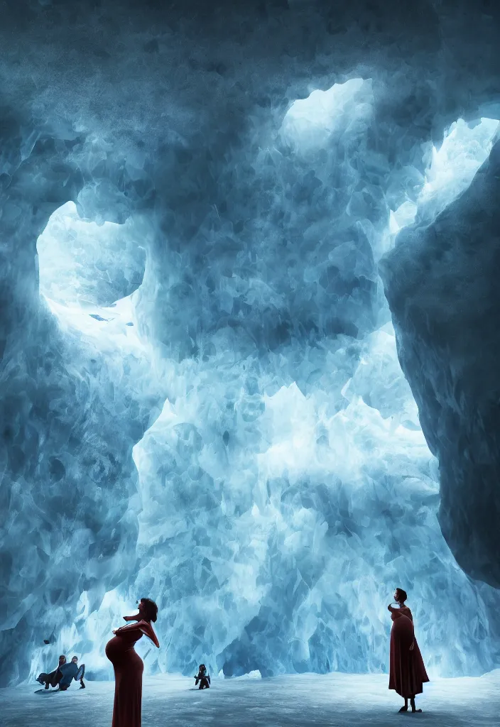 Image similar to pregnant woman making an epic speech, multiple people hearing the pregnant woman, ice cave, facinating, fantasy digital art, octane render, beautiful composition, trending on artstation, award - winning photograph, masterpiece