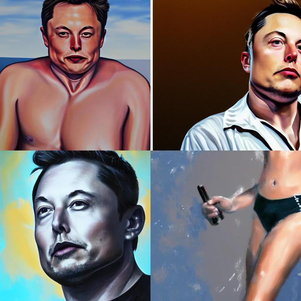 Prompt: beautiful photorealistic painting of Elon Musk wearing a bikini, digital art