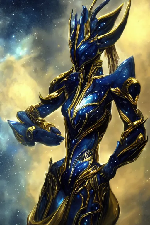 Image similar to intricate high detail elegant beautiful stunning quality cosmic huge god giantess hot female warframe anthro mecha female dragon goddess, gold body, sleek metal ears, sleek eyes, smooth blue skin, sleek gold armor, bigger than galaxy, epic proportions, epic scale, epic size, warframe destiny art, furry, dragon art, goddess, giantess, furaffinity, octane