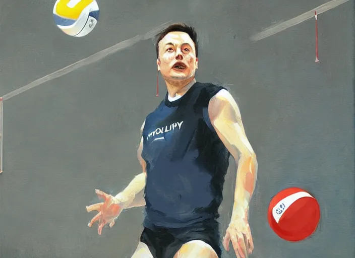 Image similar to a highly detailed beautiful portrait of elon musk playing voleyball, by gregory manchess, james gurney, james jean