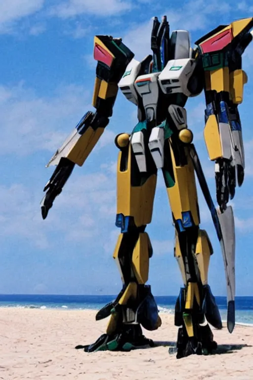 Image similar to a macross mecha posing on the beach