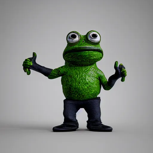 Image similar to perfectly accurate miniature figure of pepe the frog wearing jeans and a black leather jacket, soft textures, skin texture, clothing, 3d sculpture, textured, fine detail, lifelike, photo, high resolution, octane render, post processing, after effects, trending on artstation