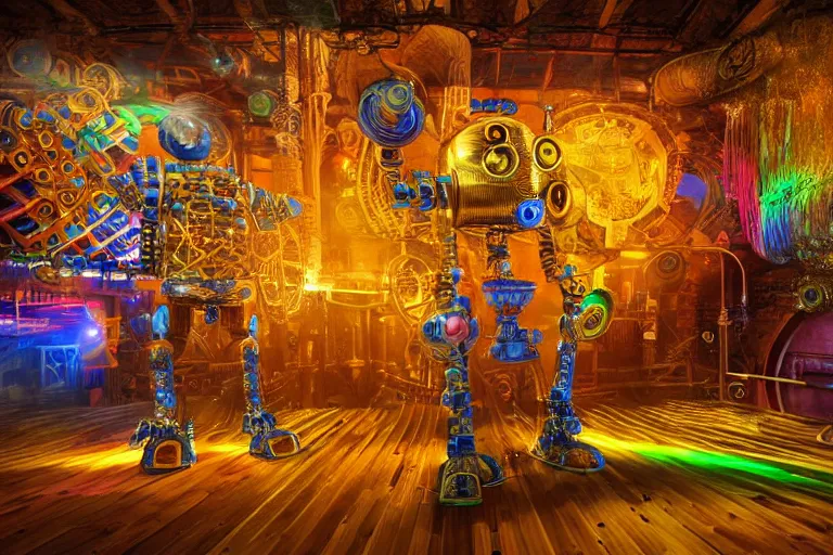 Image similar to scene is fiesta espuma in amnesia ibiza, portrait photo of a giant huge golden and blue metal steampunk robot, with gears and tubes, eyes are glowing red lightbulbs, shiny crisp finish, 3 d render, 8 k, insaneley detailed, fluorescent colors, haluzinogetic, background is multicolored lasershow