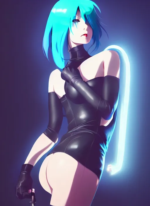 Prompt: hyper realistic photograph portrait of pretty girl with blue hair, wearing a full leather outfit, holding a whip, dramatic lighting by makoto shinkai, ilya kuvshinov, lois van baarle, rossdraws, basquiat