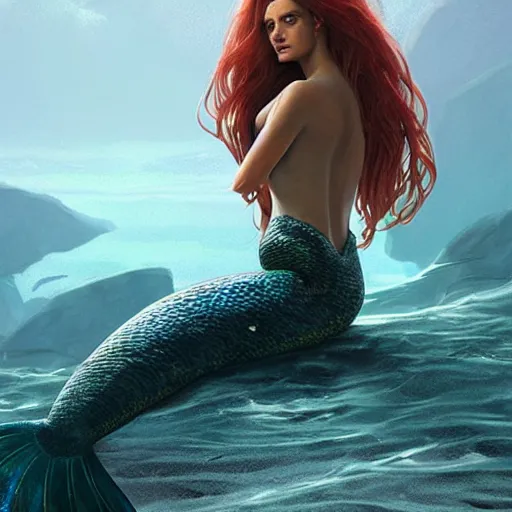 Image similar to beautiful mermaid with her hair flowing down, extremely high detail, photo realistic, cinematic, post processed, concept art, artstation, matte painting, style by Raphael Lacoste, Eddie Mendoza