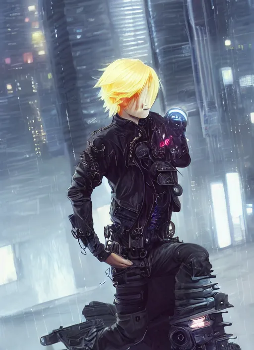 Prompt: smirking blonde teenage boy rouge assassin, wearing cyberpunk intricate techwear clothing, beautiful, detailed portrait, cell shaded, 4 k, concept art, by wlop, ilya kuvshinov, artgerm, krenz cushart, greg rutkowski, pixiv. cinematic dramatic atmosphere, sharp focus, volumetric lighting, cinematic lighting, studio quality