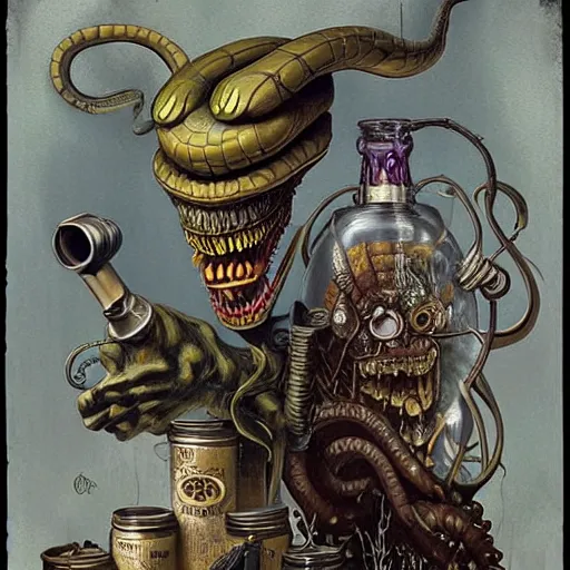 Image similar to a grinning anthropomorphic snake selling bottles of medicine, fantasy, steampunk, dave mckean, hr giger, peter mohrbacher, wayne barlowe