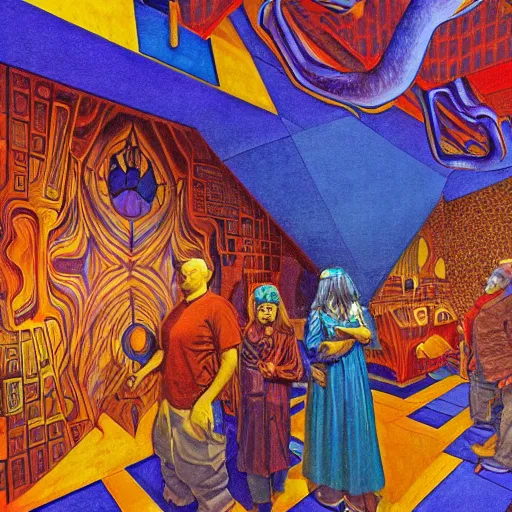 Prompt: mural of dmt entity encounter, charles abel corwin, frank lloyd wright, don ivan punchatz, highly detailed, hyper realism, sharp focus, detailed faces