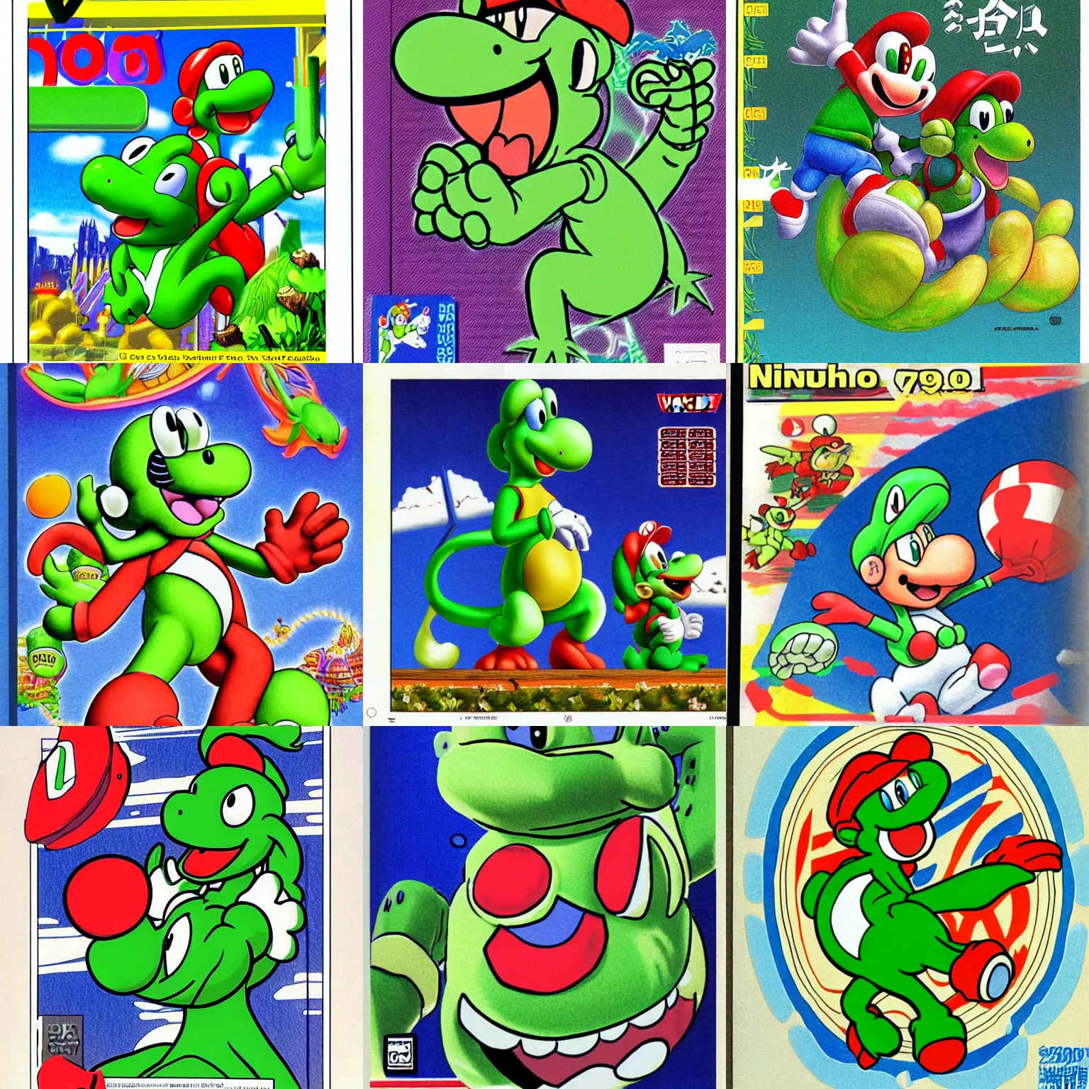 Prompt: yoshi official nintendo guidebook 1990s illustration