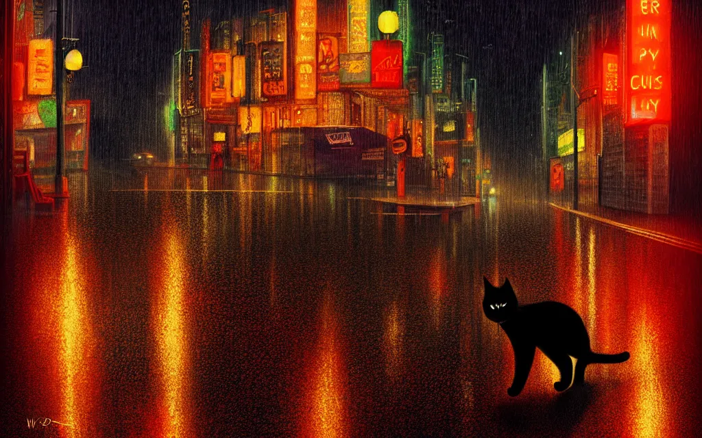 Prompt: black cat running through heavy rain in an emprty neon lit street at night by wlop, ultra detailed color art, high detail, digital art