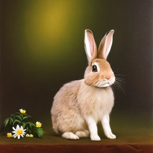 Prompt: The rabbit in the picture looks cute and playful. It has big, fluffy ears and a long, furry tail. Its fur is a light brown color, and its eyes are a bright blue. The background of the picture is a gentle green, and there are flowers blooming around the rabbit. painted by Gabriel Dawe