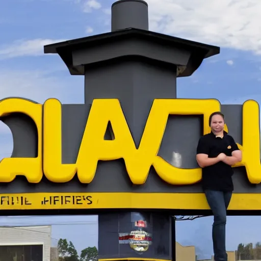 Image similar to wafflehouse employee's standing below wafflehouse sign