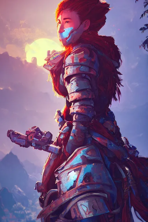 Image similar to combination suit armor aloy horizon forbidden west horizon zero dawn radiating a glowing aura global illumination ray tracing hdr fanart arstation by ian pesty and alena aenami artworks in 4 k tribal robot ninja mask helmet backpack