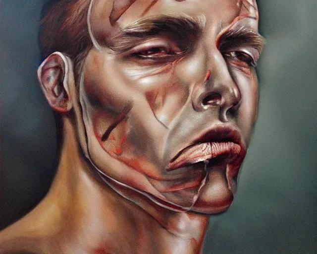 Prompt: a painting of a man's face is shown, an airbrush painting by Ben Templesmith, featured on deviantart, figurative art, watercolor, acrylic art, airbrush art