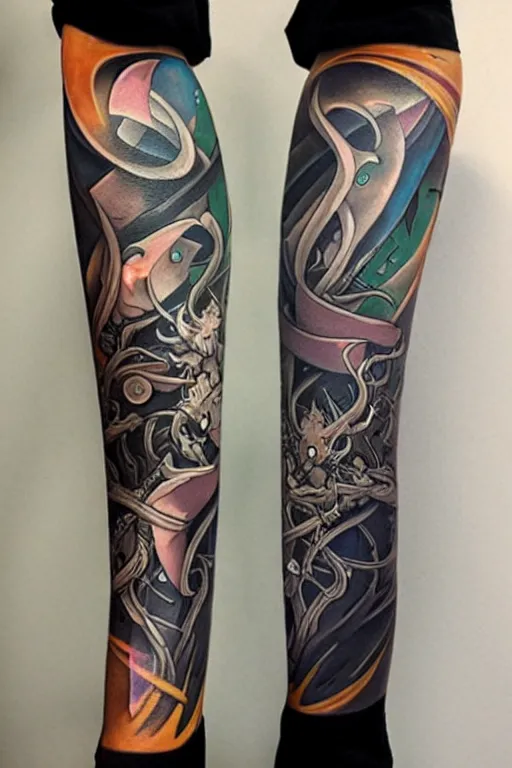 Image similar to tattoo arm sleeves by mc escher and peter mohrbacher