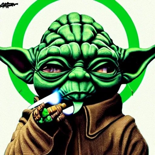 Image similar to hyperdetalied Yoda smoking joint, artstation,