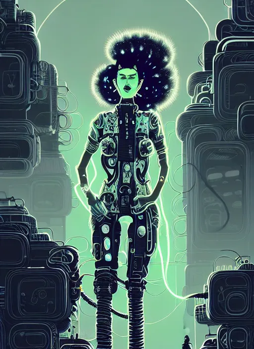 Prompt: highly detailed portrait of wasteland punk long curly neon white plasma electricity hair tribal lady, stray electric spark wiring by atey ghailan, james gilleard, by joe fenton, by greg rutkowski, by greg tocchini, by kaethe butcher, 4 k resolution, gradient yellow, black and white color scheme!!! ( ( lightning cloudy robotic dystopian city background ) )