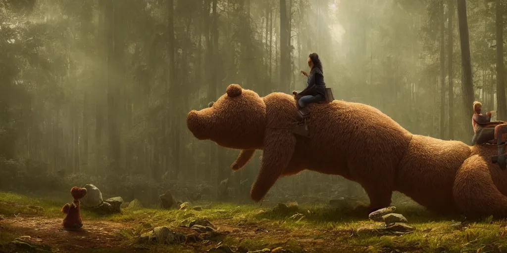 Prompt: a giant ant is riding a giant teddy bear in a forest, moody, cinematic light, art by Greg rutkowski, highly detailed, 8k