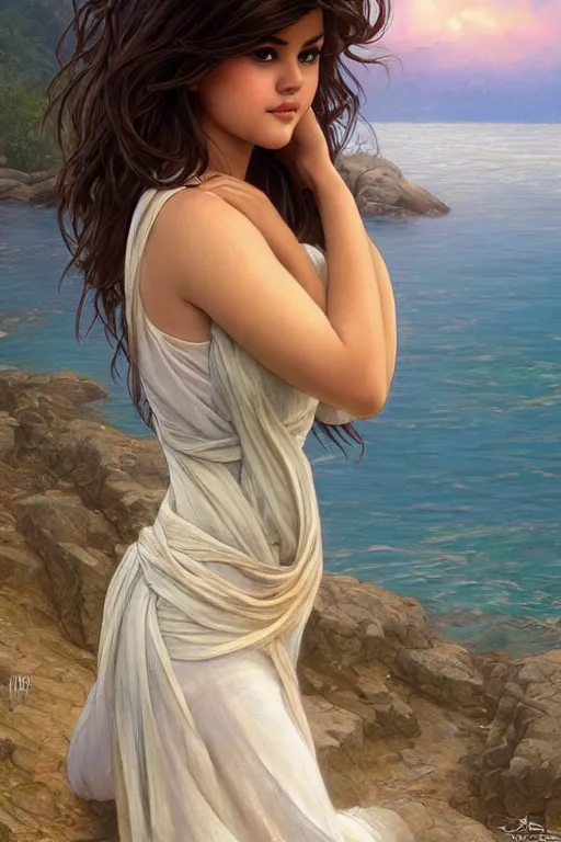 Image similar to beautiful cottagecore selena gomez!!, standing in front of a beach, intricate, stunning, highly detailed, digital painting, artstation, concept art, smooth, sharp, focus, illustration, art by artgerm and greg rutkowski and alphonse mucha