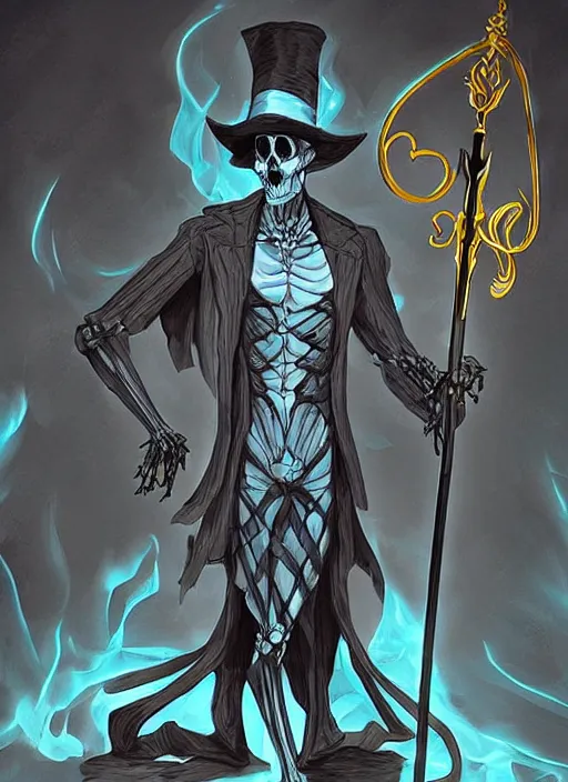 Image similar to DND character concept, skeletal male figure, wearing a deep black suit!!! and tie and top hat, holding a gold! cane!. Surrounded by light blue!!! flames!!