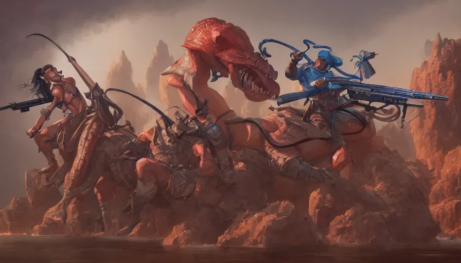 Image similar to cadillacs and dinosaurs, game, weapons, dystopian, made by stanley artgerm lau, wlop, rossdraws, james jean, andrei riabovitchev, marc simonetti, yoshitaka amano, beksinski artstation, cgsociety