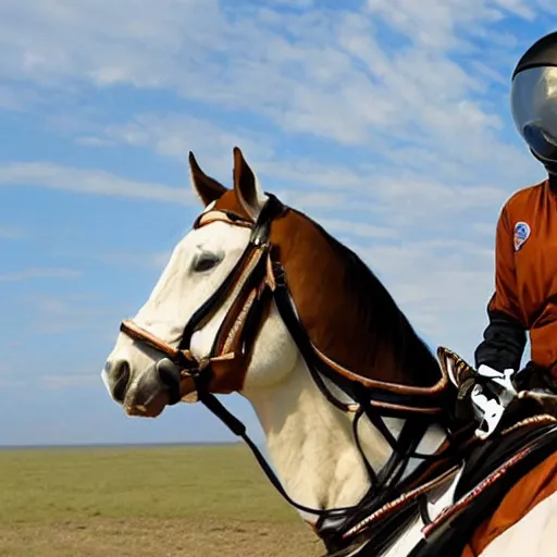 Image similar to a horse sat, saddled, on horseback, an astronaut and rides him into space