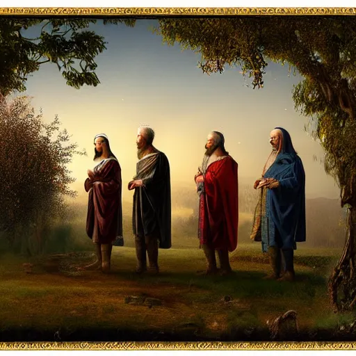 Prompt: Four wise scholars standing at the edge of a beautiful orchard at twilight, detailed and realistic matte painting, digital art
