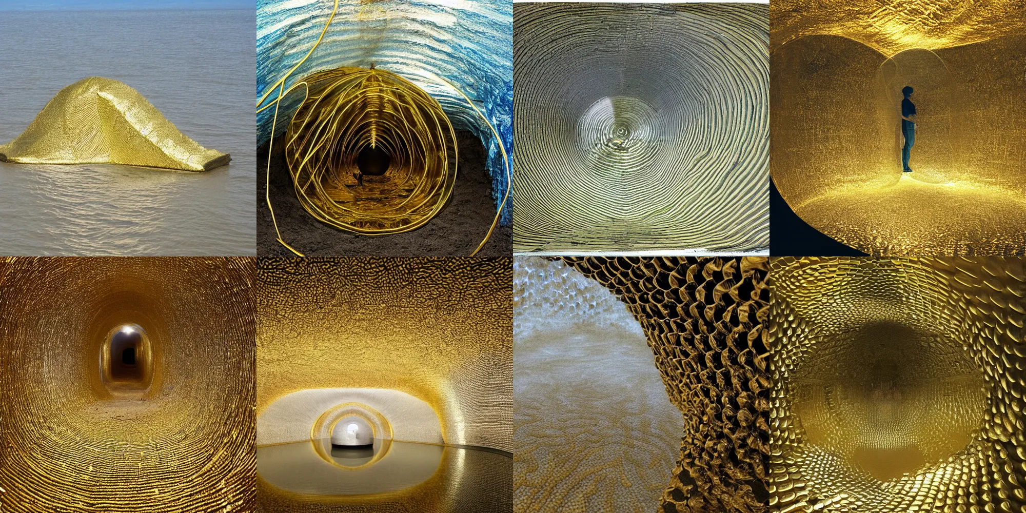 Prompt: 'A dream of a hole inside a cocoon of gold, which would be the best place for worms to hide in.I am lost in a void, in a cocoon.' installation I wonder if the lenticular canals are a way of measuring the status of The island is a place of wonder, of creation.