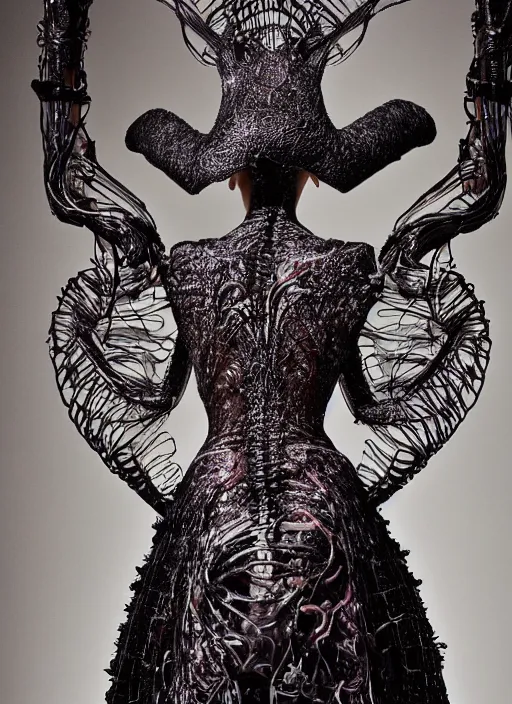 Image similar to walking down the catwalk, ben watts, show, stage, vogue photo, podium, fashion show photo, historical baroque dress dark, iris van herpen, beautiful woman, masterpiece, intricate, biopunk, vogue, full body shot, alien, plant predator, guyver, jellyfish, white biomechanical details, highly detailed