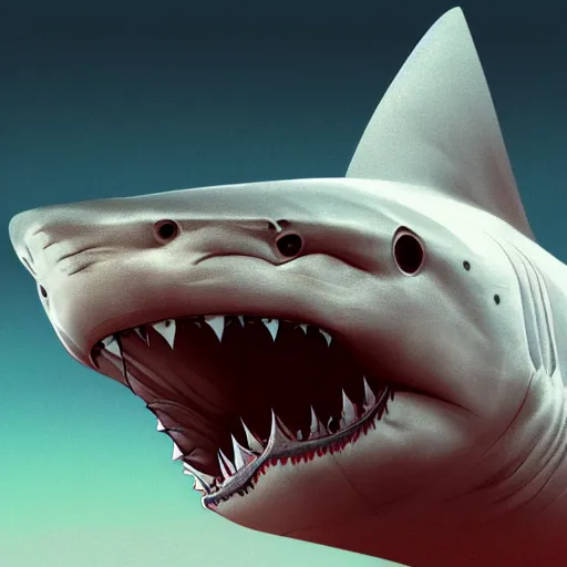 Image similar to great white shark, side view, with a conical orange traffic cone on its dorsal fin - ron cheng & alphonse mucha, highly detailed, digital painting, ray tracing, concept art, illustration, smooth sharp focus, intricate, symmetry, artstation,