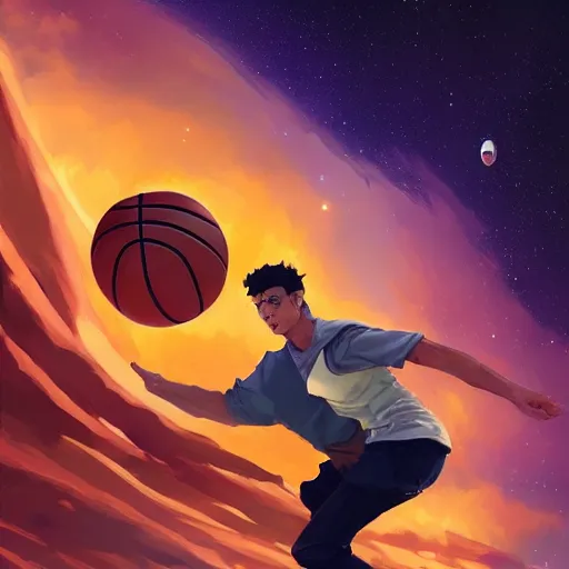 Image similar to a leather basketball as a comet zipping through space, hyper realistic, 8 k, behance hd artstation by jesper ejsing by rhads, makoto shinkai and lois van baarle, ilya kuvshinov, ossdraws