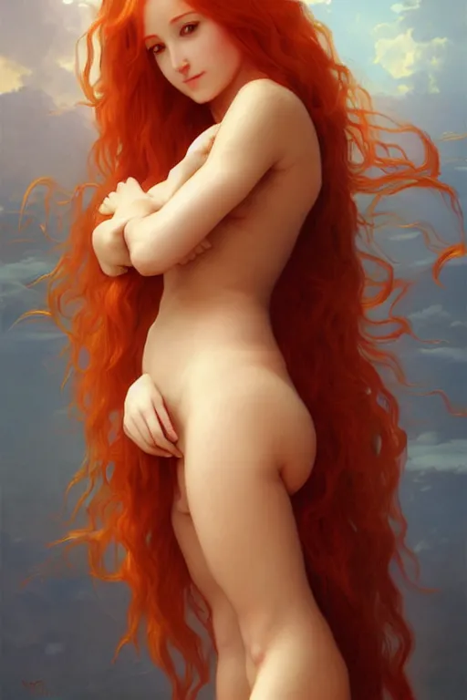 Prompt: nami, long orange hair, brown eyes, beautiful body, digital art from artstation by artgerm and william - adolphe bouguereau