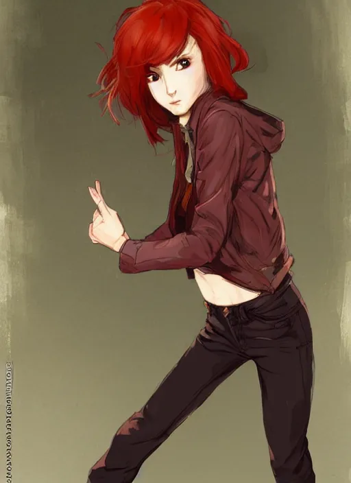 Image similar to full-body shot of an attractive tomboy girl in a fighting stance with long, crimson red hair and red eyes, wearing a brown, open jacket and green jeans with a stern look, midriff, concept art, character design, by WLOP, by Ross Draws, by Tomine, by Satoshi Kon, by Rolf Armstrong