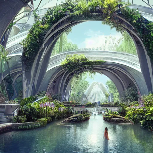 Prompt: A beautiful photo of heaven with crowds of angels + walkways, canals, stairs, fountains and arches, lush vegetation, flowers + by Eddie mendoza + futuristic but classical architecture by Zaha Hadid + Maya render, raytracing, awe-inspiring, sharp detailed focus, incredible post-processing lighting