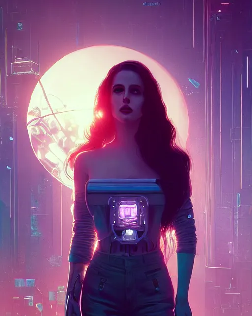 Image similar to portrait of lana del rey as a cyberpunk cyborg. roses, sci - fi, missing panels, intricate abstract upper body intricate artwork, by tooth wu, wlop, beeple, dan mumford. concept art, octane render, deviantart, greg rutkowski, cinematic, key art, hyperrealism, iridescent accents