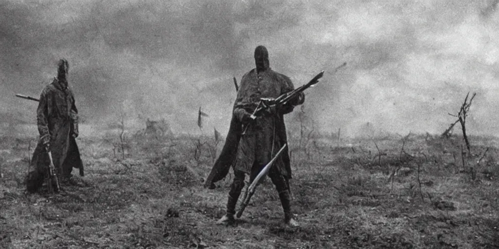 Image similar to scary unproportionable tall ghost creature in the middle of a battlefield, 1900s picture