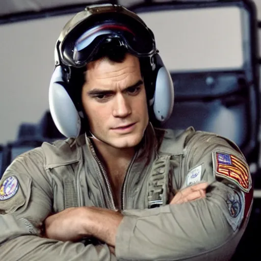 Image similar to Henry Cavill as pilot in Top Gun, promo shoot, studio lighting