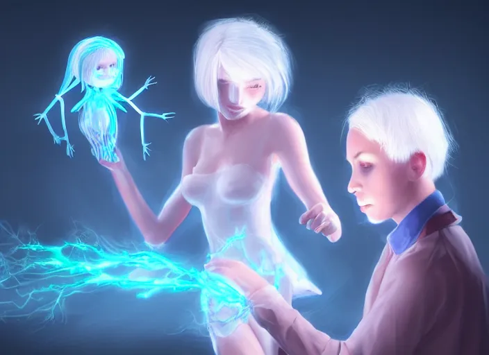 Prompt: girl with silk glowing white hair showing her hands with glowing puppeteer stings coming out of it, concept digital art trending on artstation oilpaint