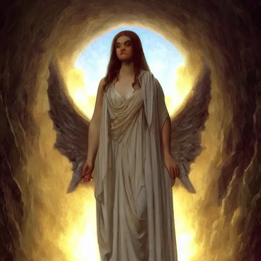 Prompt: sadie sinkas an angel standing in the front of gates of hell. angel is draped with bones. digital painting. art station. mood lighting. skindness, highly detailed, concept art, intricate, sharp focus, einar jonsson and bouguereau - h 1 2 0 0