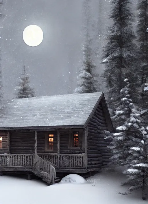 Prompt: an abandoned cabin on the top of a snowy mountain, waxing moon, greg rutkowski, 8 k, shallow depth of field, intricate detail, concept art,