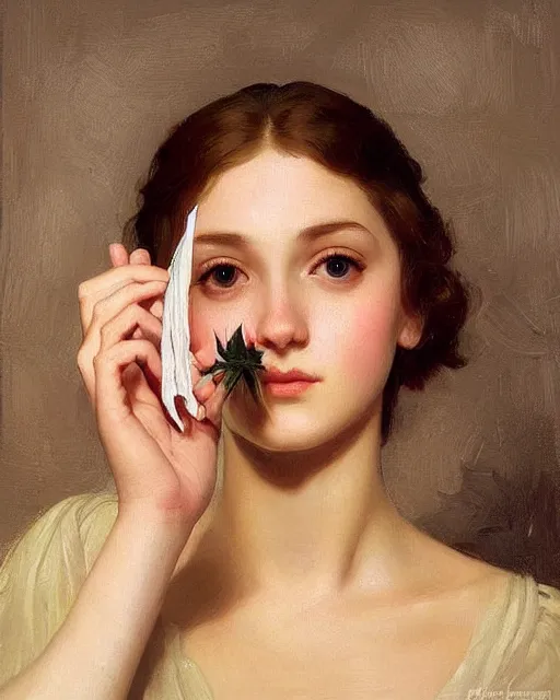 Prompt: a girl rolling a joint, beautiful face, oil on canvas, artstation, by j. c. leyendecker and edmund blair leighton and charlie bowater, beautiful face, octane, very aesthetic!!!!!!!!!!!!!!! stunning gorgeous big eyes