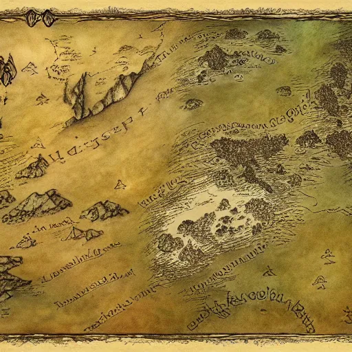 Prompt: simple fantasy map, the land of Odrua, several continents arranged in an arc, world of Lute, by JRR Tolkien and Brian Froud, Vatican Map Room, fantasy concept painting, Magic The Gathering Art, trending on art station, rivers, lakes, cities, villages, roads, showing kingdoms, oceans, continents, vast seas, open plains