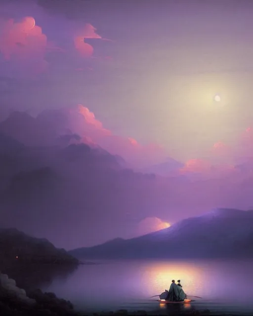 Prompt: a hyper realistic matte painting of the lake lake full of river lanterns, distant mountains, night sky ， clouds, by ohara koson and ivan aivazovsky and stephan martiniere, heavenly lighting, retrowave, 4 k hd wallpaper