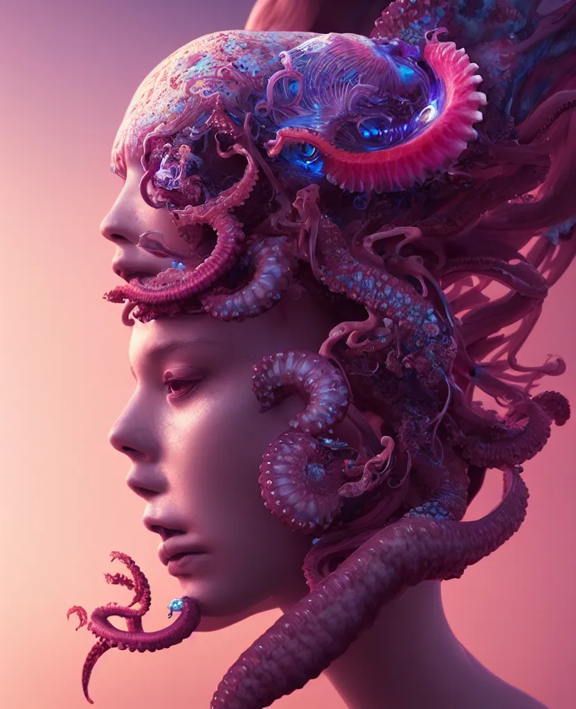 Image similar to goddess close - up portrait, ram skull, squid phoenix jellyfish, orchid, betta fish, bioluminiscent, intricate artwork by tooth wu and wlop and beeple. octane render, trending on artstation, greg rutkowski very coherent symmetrical artwork. cinematic, hyper realism, high detail, octane render, 8 k