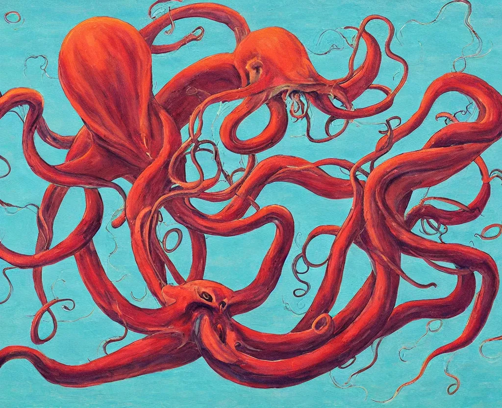 Image similar to a painting of a giant squid with evil tentacles menacing the world, saturated color scheme