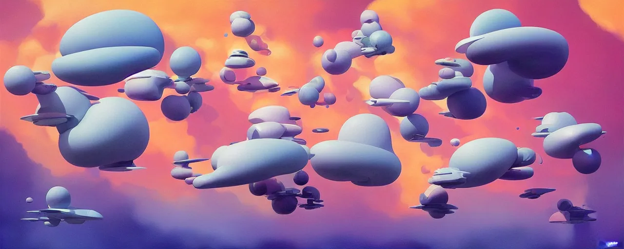 Prompt: soft gradient spaceships from a sci - fi movie, colorful, fernando botero, james jean