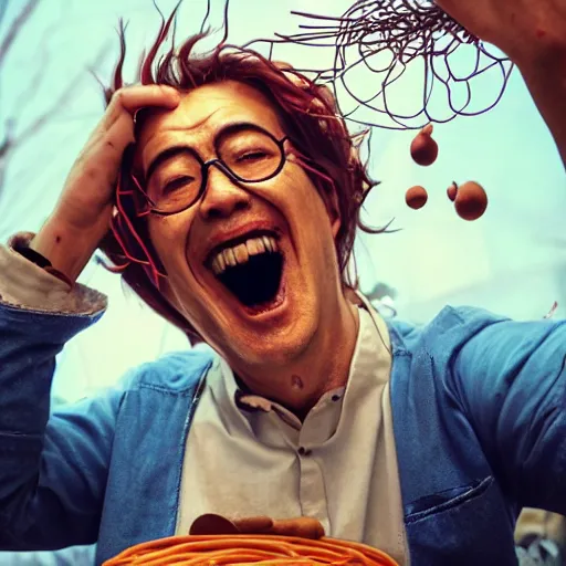 Image similar to a mad scientist in a back yard laughing happily at the spaghetti bowls which are falling from the sky , made by Stanley Artgerm Lau, WLOP, Rossdraws, ArtStation, CGSociety, concept art, cgsociety, octane render, trending on artstation, artstationHD, artstationHQ, unreal engine, 4k, 8k,